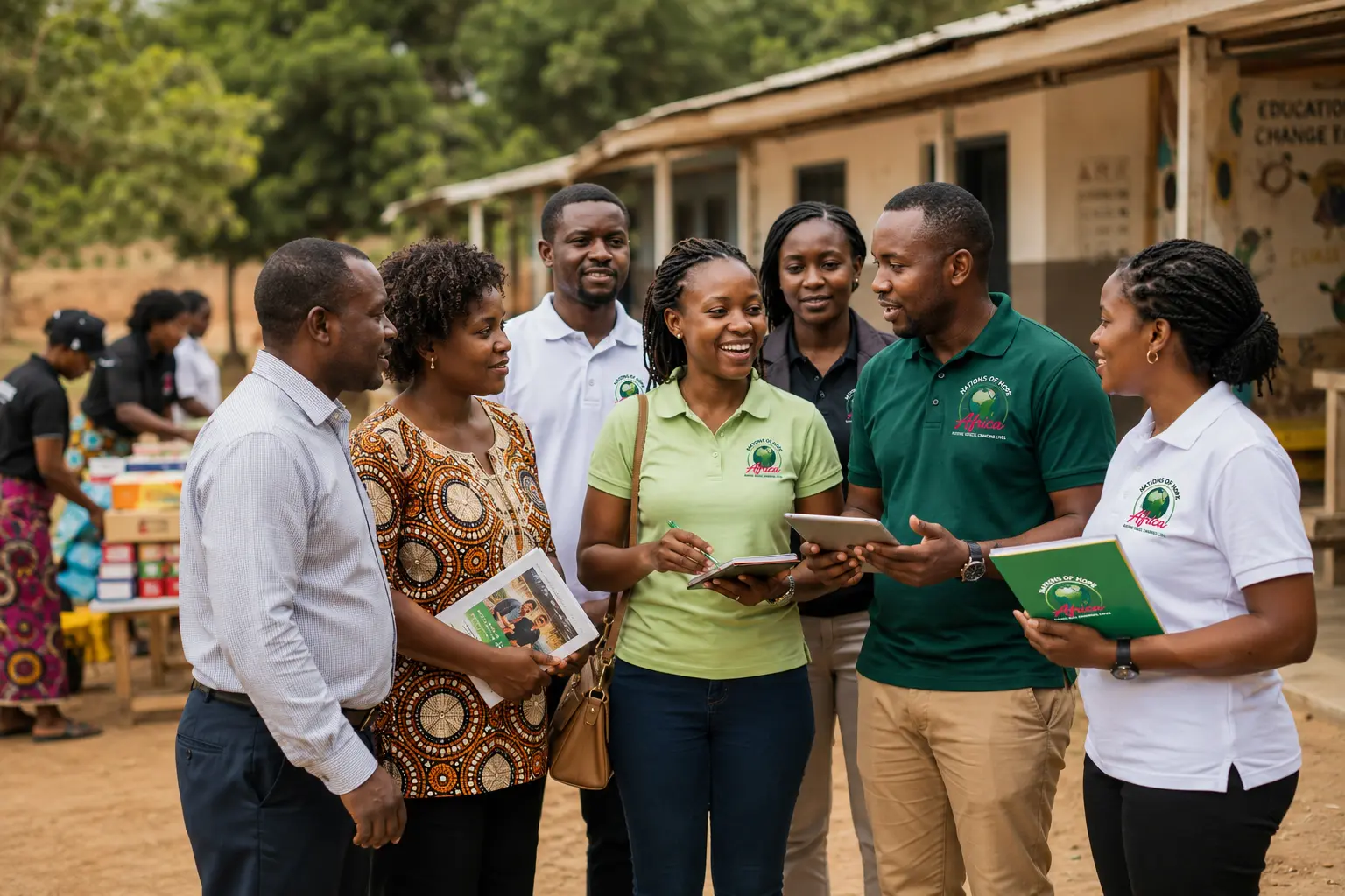 Community members standing together in a rural African village