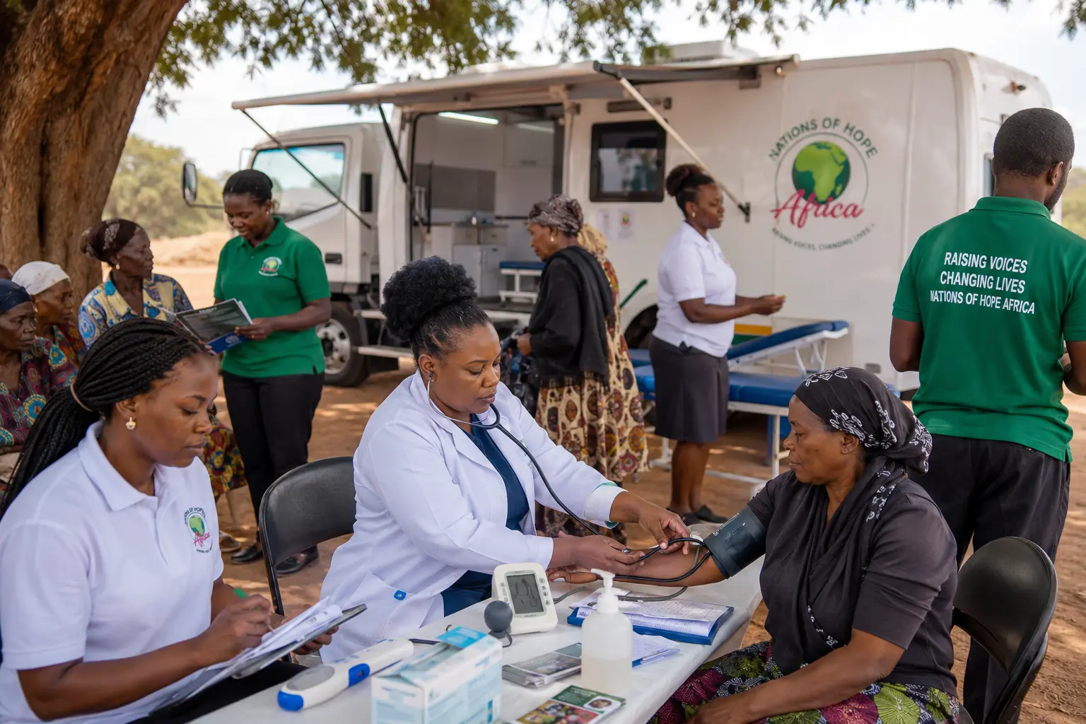 A health worker speaking with community members